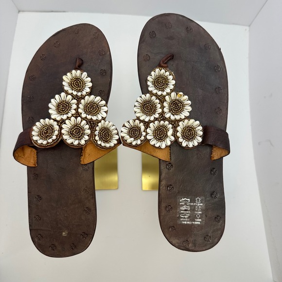 Handmade Shoes - Handmade in Kenya Womens Leather Shell Beaded Floral Thong Sandals Brown Flat